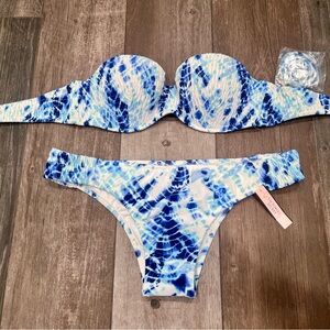 Victoria's Secret 34B White Blue Tie Dye Bikini Set Swimsuit Bandeau Smocked M